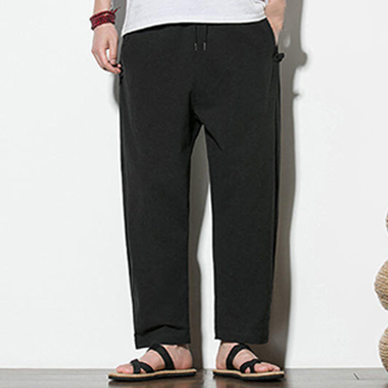 Buddha Stones Summer Side Frog-Button Design Men's Cotton Linen Pants With Pockets