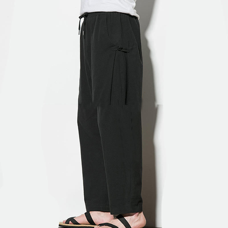 Buddha Stones Summer Side Frog-Button Design Men's Cotton Linen Pants With Pockets