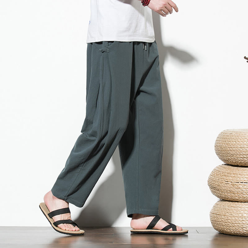 Buddha Stones Summer Side Frog-Button Design Men's Cotton Linen Pants With Pockets