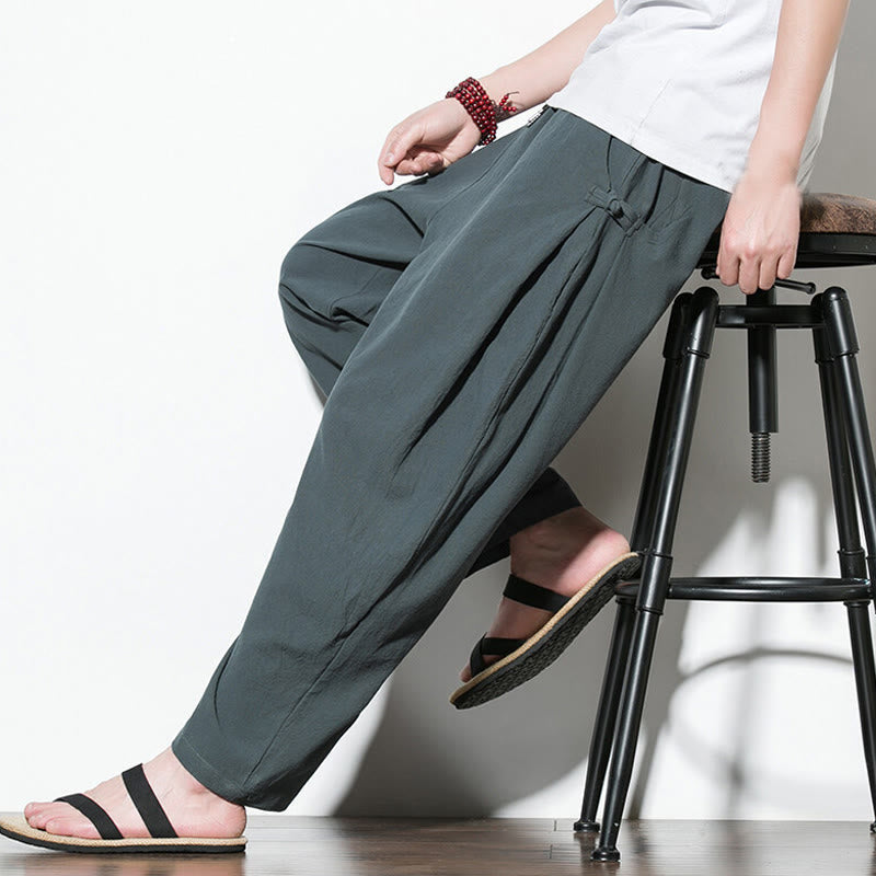 Buddha Stones Summer Side Frog-Button Design Men's Cotton Linen Pants With Pockets