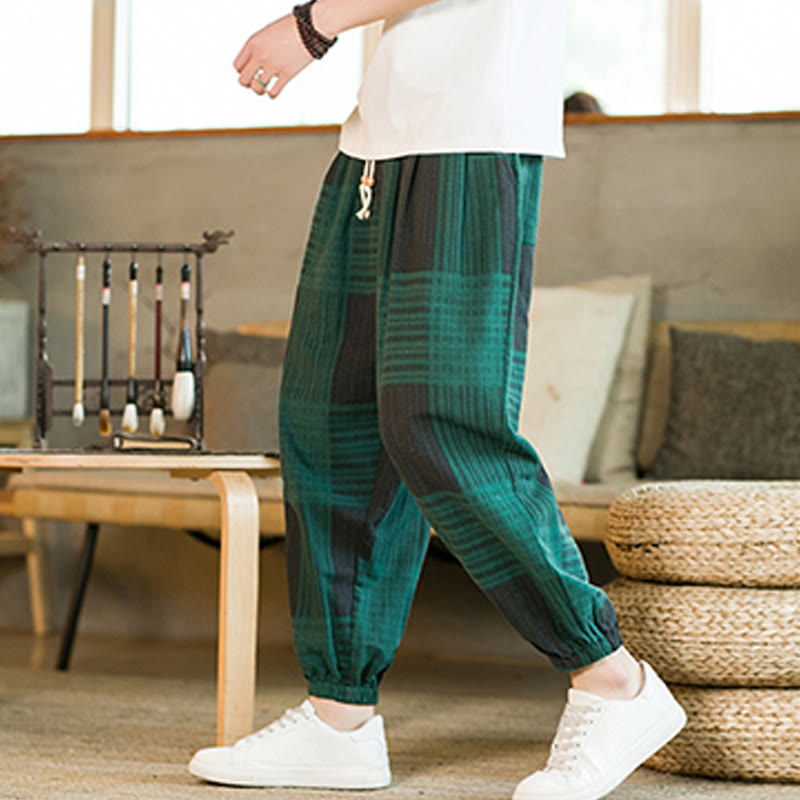 Buddha Stones Summer Checkered Stripes Cotton Linen Men's Harem Pants With Pockets