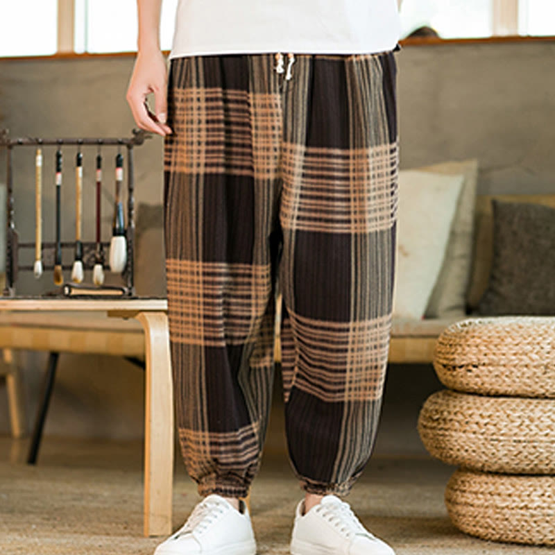 Buddha Stones Summer Checkered Stripes Cotton Linen Men's Harem Pants With Pockets