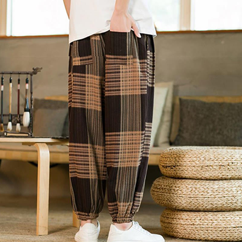 Buddha Stones Summer Checkered Stripes Cotton Linen Men's Harem Pants With Pockets