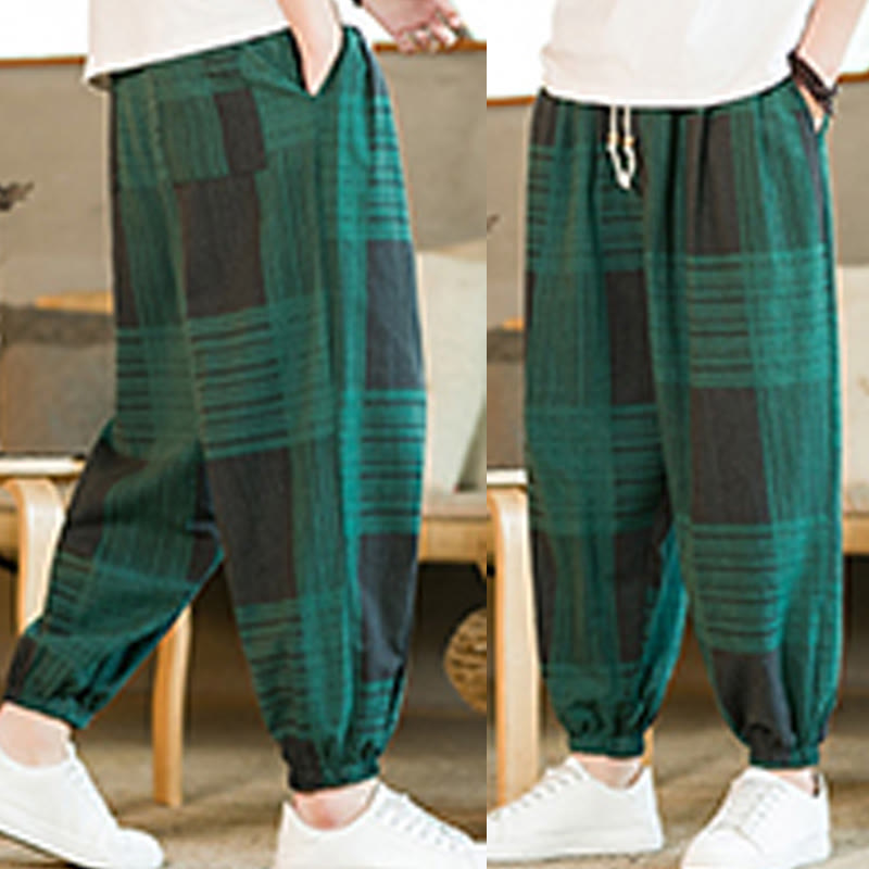 Buddha Stones Summer Checkered Stripes Cotton Linen Men's Harem Pants With Pockets
