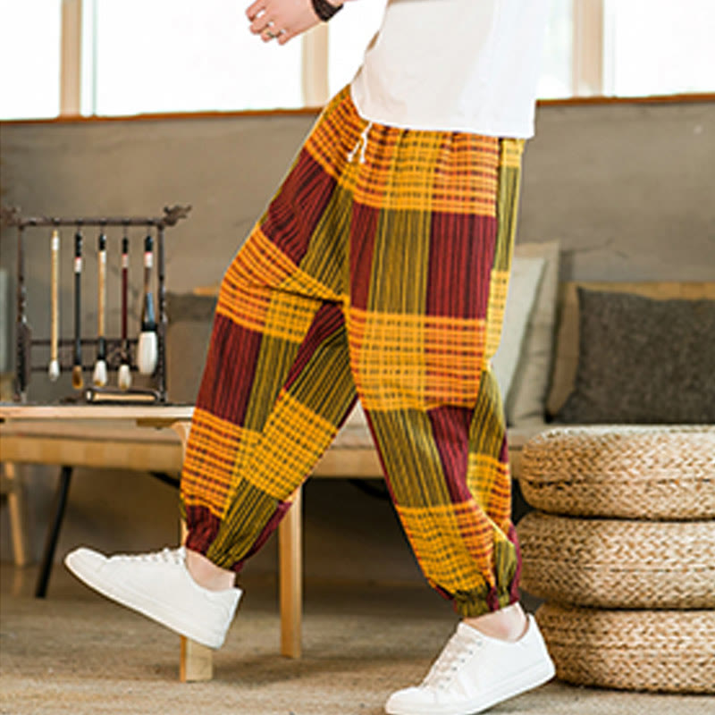 Buddha Stones Summer Checkered Stripes Cotton Linen Men's Harem Pants With Pockets
