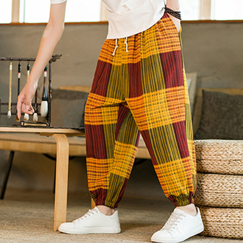 Buddha Stones Summer Checkered Stripes Cotton Linen Men's Harem Pants With Pockets