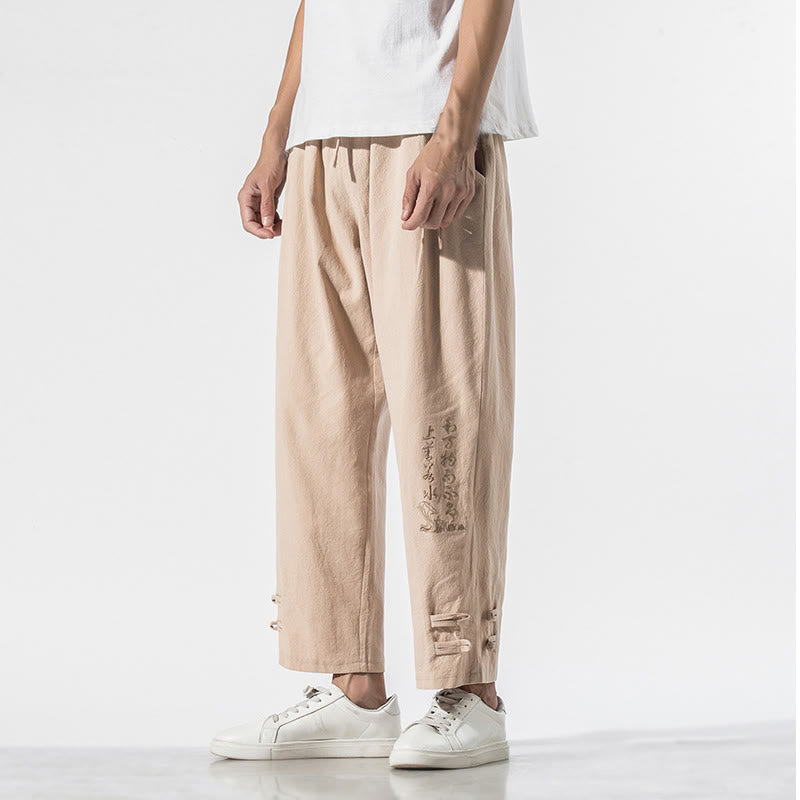 Buddha Stones Summer Chinese Characters Embroidery Men's Cotton Linen Pants With Pockets