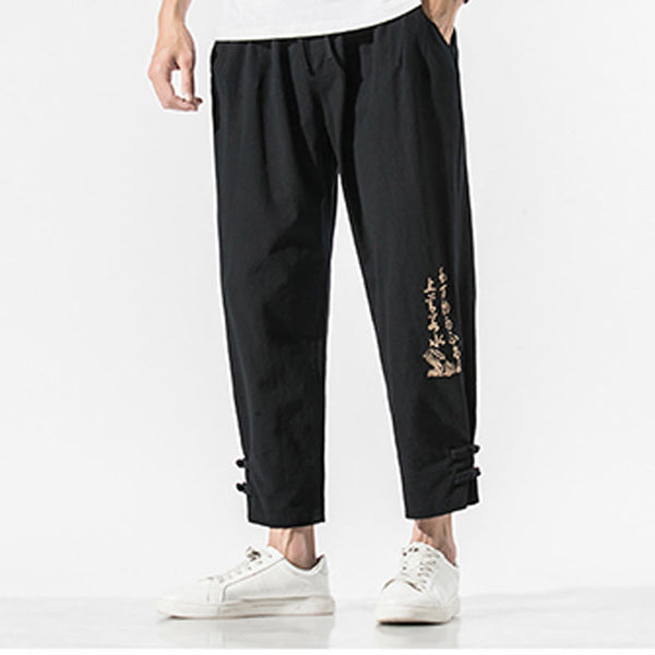 Buddha Stones Summer Chinese Characters Embroidery Men's Cotton Linen Pants With Pockets