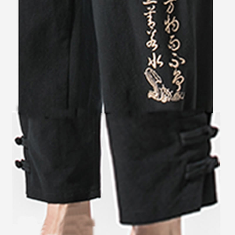 Buddha Stones Summer Chinese Characters Embroidery Men's Cotton Linen Pants With Pockets