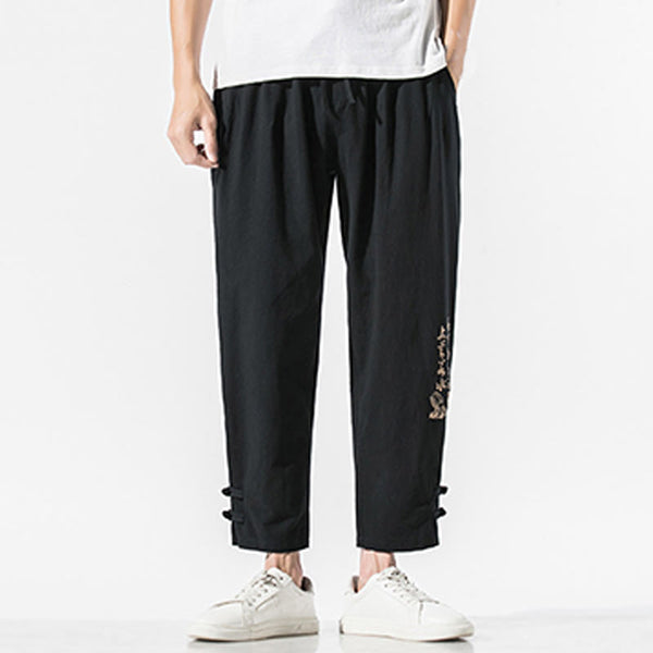 Buddha Stones Summer Chinese Characters Embroidery Men's Cotton Linen Pants With Pockets