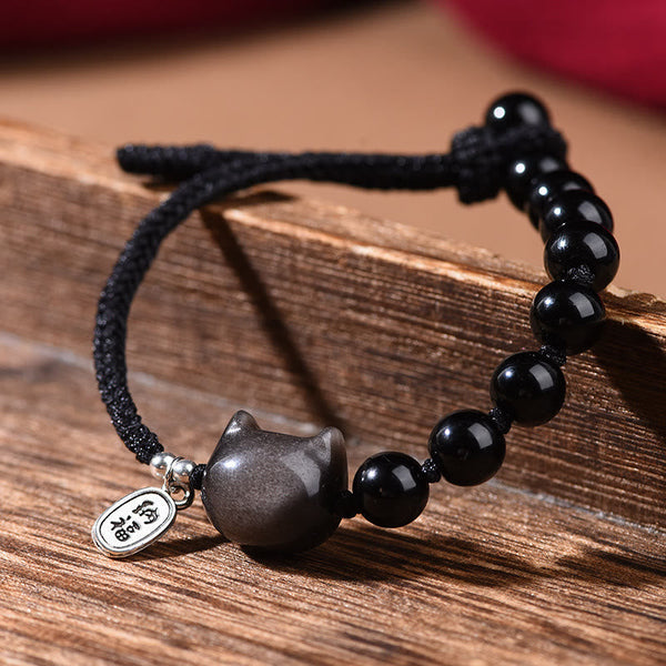 FREE Today: Soothing Strength Black Obsidian Silver Sheen Obsidian Cute Cat Dancing Lion Bracelet
