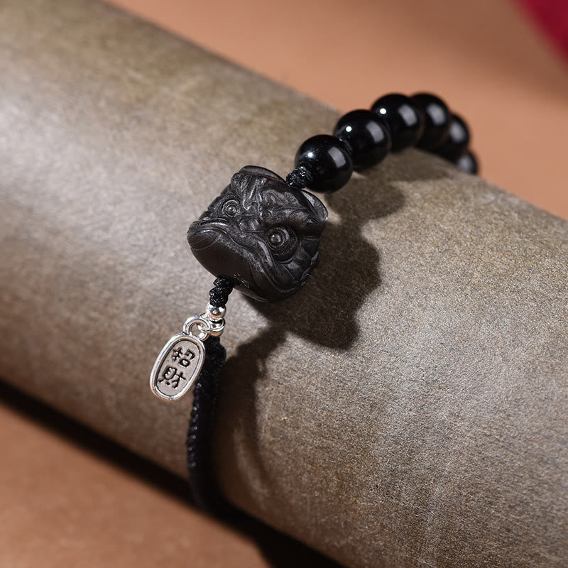 FREE Today: Soothing Strength Black Obsidian Silver Sheen Obsidian Cute Cat Dancing Lion Bracelet