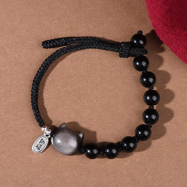 Buddha Stones Black Obsidian Silver Sheen Obsidian Cute Cat Dancing Lion Strength Bracelet