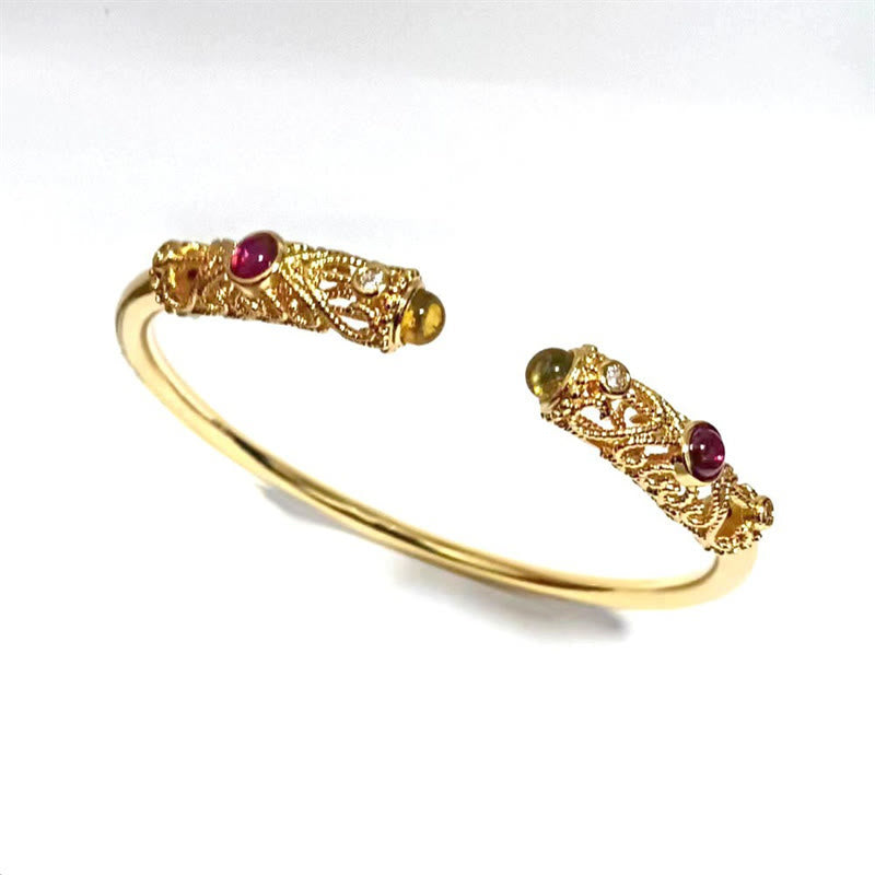 FREE Today: Luck and Healing Golden Flower Pattern Red Zircon Amber Copper Cuff Bracelet Bangle