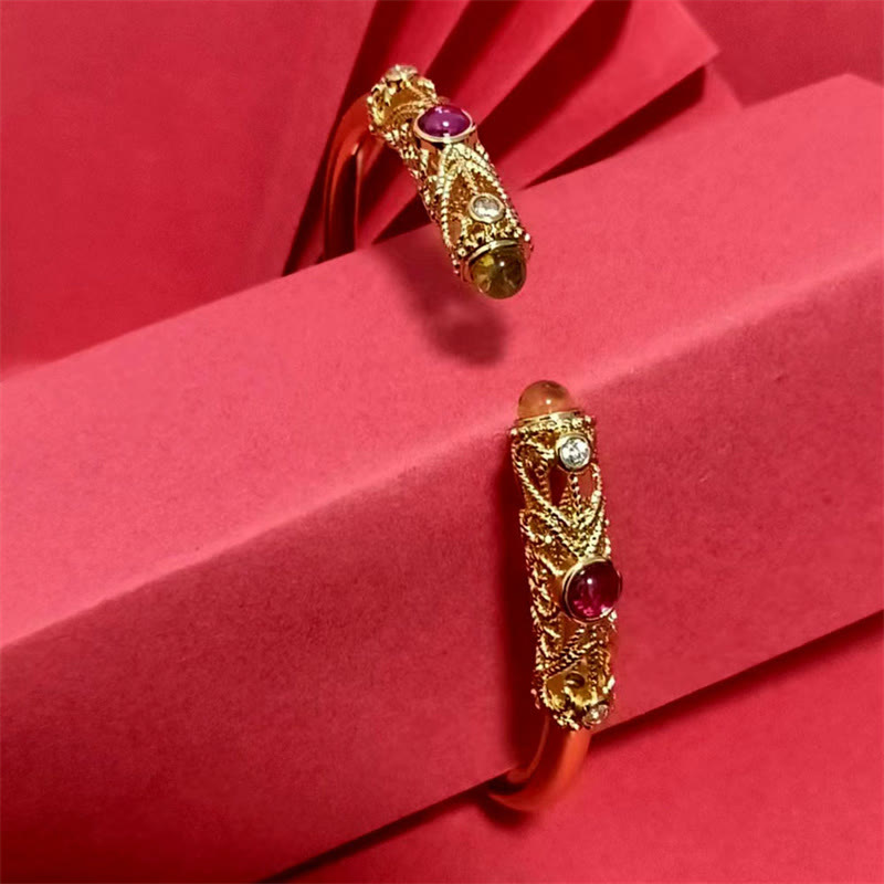Buddha Stones Golden Flower Pattern Red Zircon Amber Copper Luck Cuff Bracelet Bangle