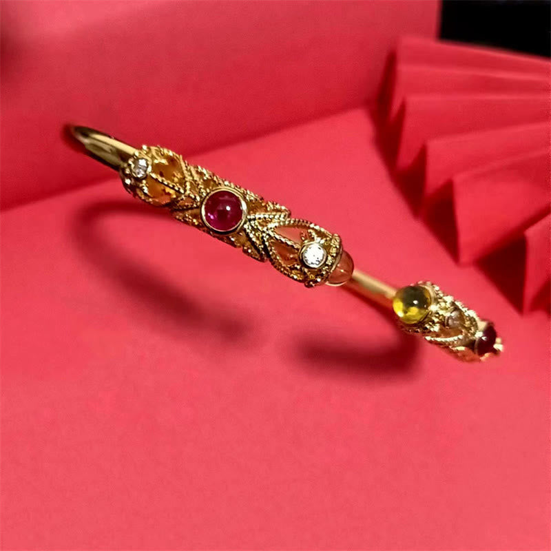 FREE Today: Luck and Healing Golden Flower Pattern Red Zircon Amber Copper Cuff Bracelet Bangle