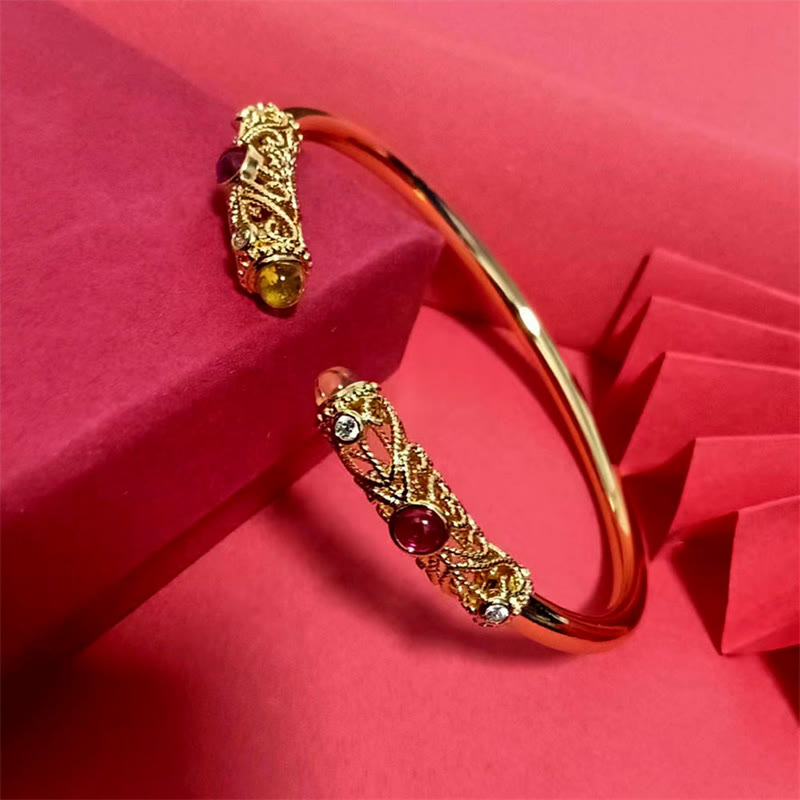 FREE Today: Luck and Healing Golden Flower Pattern Red Zircon Amber Copper Cuff Bracelet Bangle