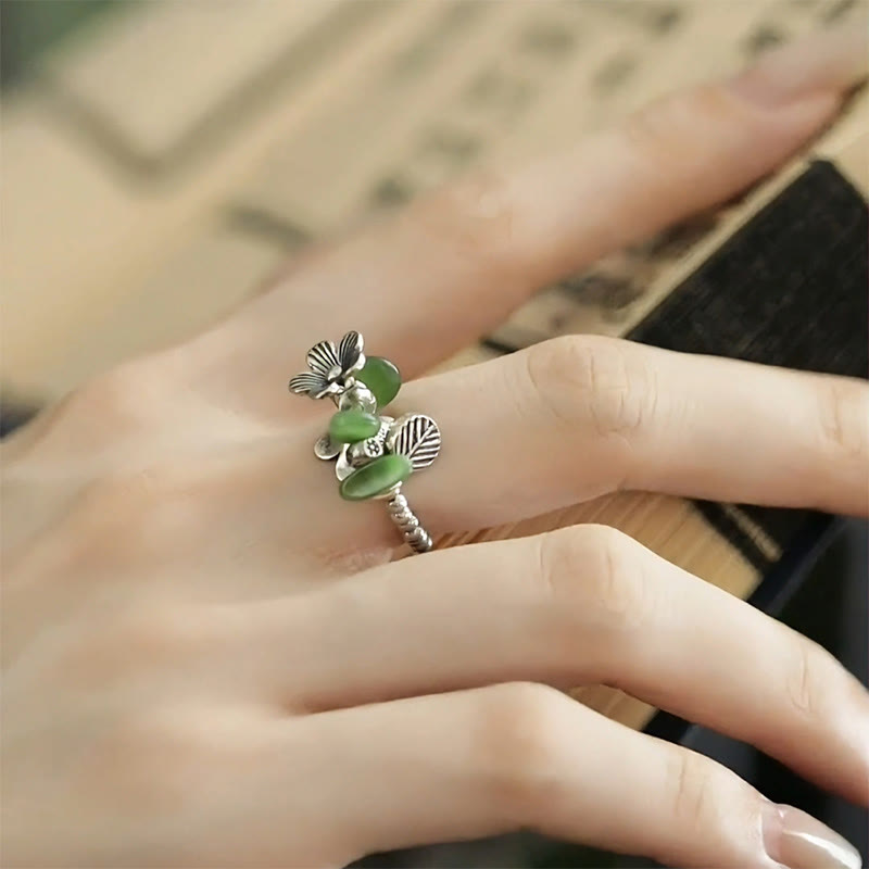 Buddha Stones Flower Pattern Copper Alloy Luck Elastic Rope Ring