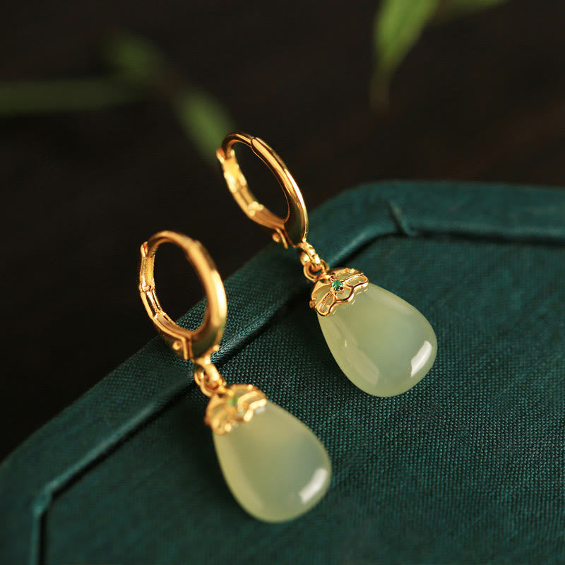 Buddha Stones Green Chalcedony Water Drop Strength Copper Posts Earrings