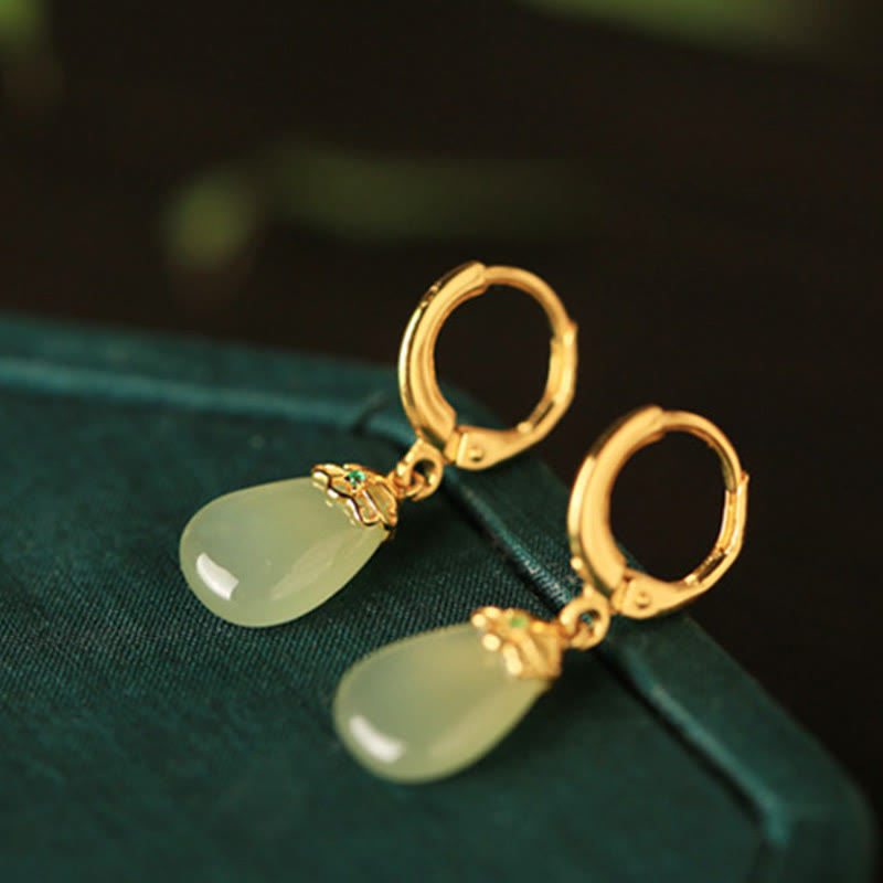 Buddha Stones Green Chalcedony Water Drop Strength Copper Posts Earrings