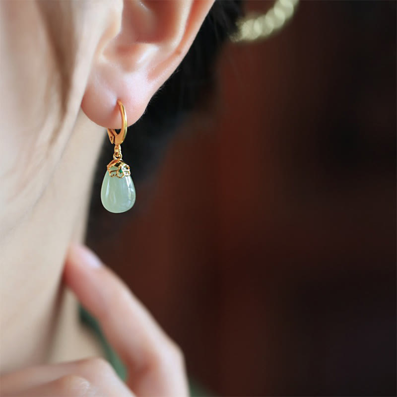 Buddha Stones Green Chalcedony Water Drop Strength Copper Posts Earrings