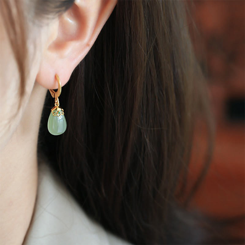 Buddha Stones Green Chalcedony Water Drop Strength Copper Posts Earrings