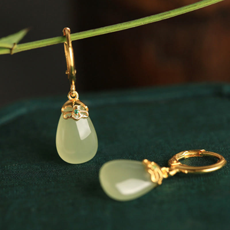 Buddha Stones Green Chalcedony Water Drop Strength Copper Posts Earrings