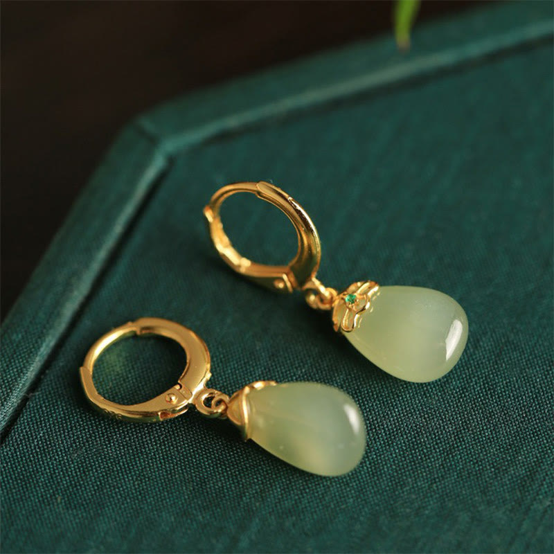 Buddha Stones Green Chalcedony Water Drop Strength Copper Posts Earrings