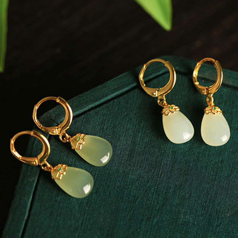 Buddha Stones Green Chalcedony Water Drop Strength Copper Posts Earrings