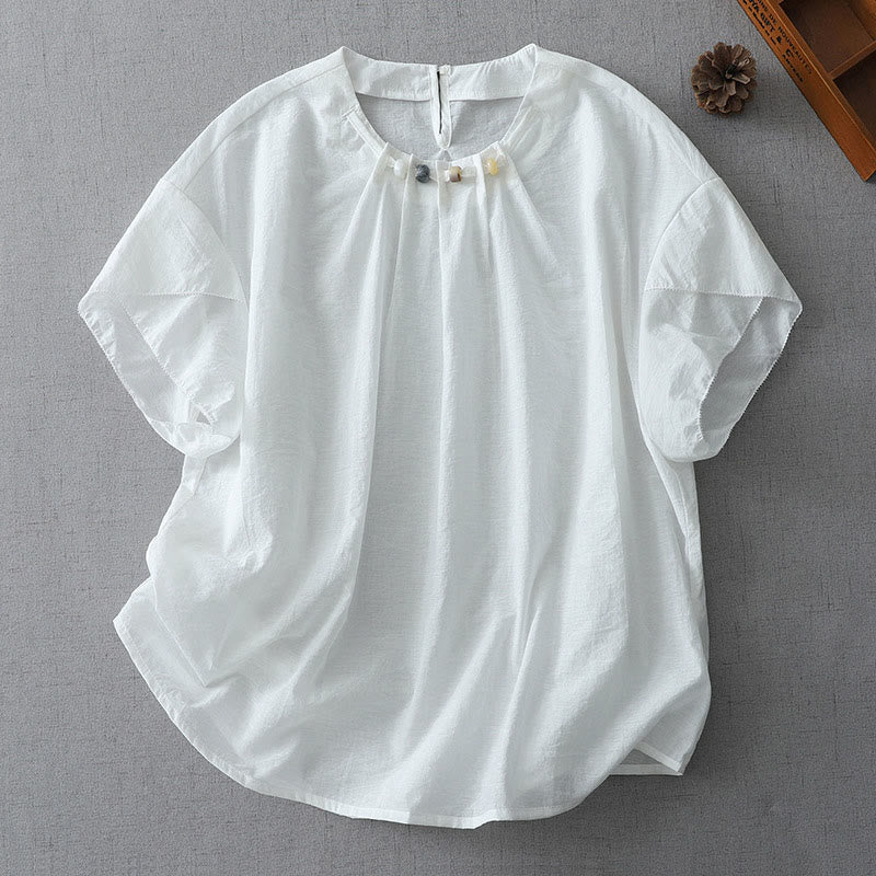 Buddha Stones Beads Crew Neck Design Cotton Short Sleeve Women's Shirt