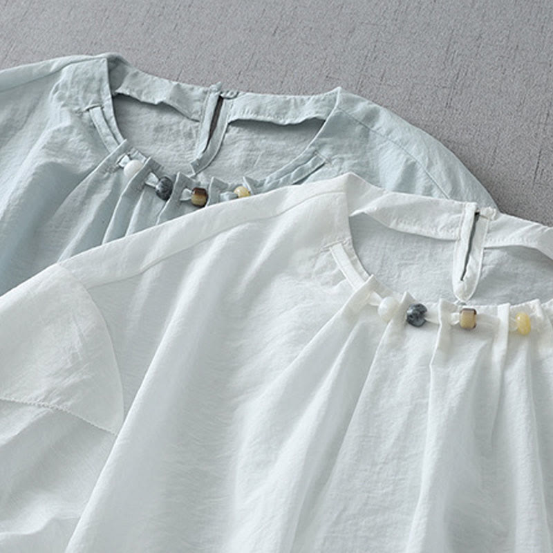 Buddha Stones Beads Crew Neck Design Cotton Short Sleeve Women's Shirt
