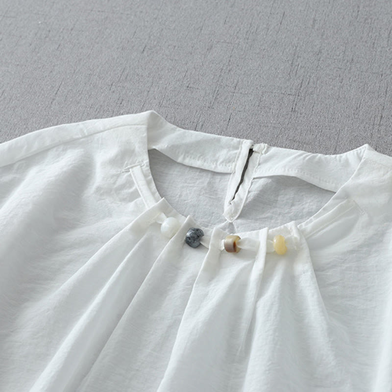 Buddha Stones Beads Crew Neck Design Cotton Short Sleeve Women's Shirt