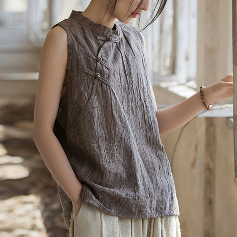 Buddha Stones Summer Tie-dye Frog-Button Ramie Cotton Sleeveless Women's Vest