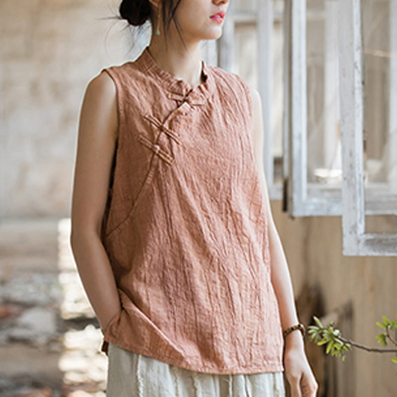 Buddha Stones Summer Tie-dye Frog-Button Ramie Cotton Sleeveless Women's Vest