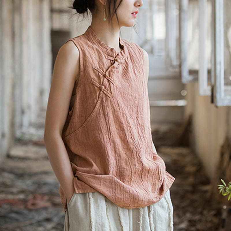 Buddha Stones Summer Tie-dye Frog-Button Ramie Cotton Sleeveless Women's Vest