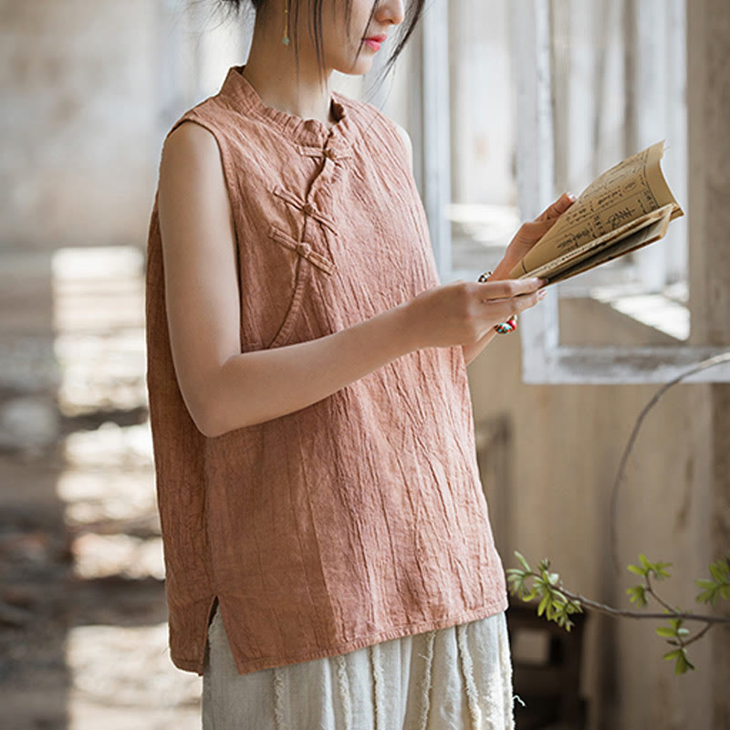 Buddha Stones Summer Tie-dye Frog-Button Ramie Cotton Sleeveless Women's Vest