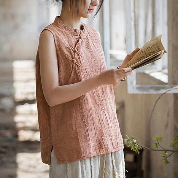 Buddha Stones Summer Tie-dye Frog-Button Ramie Cotton Sleeveless Women's Vest