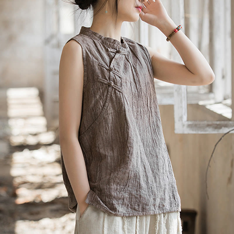 Buddha Stones Summer Tie-dye Frog-Button Ramie Cotton Sleeveless Women's Vest