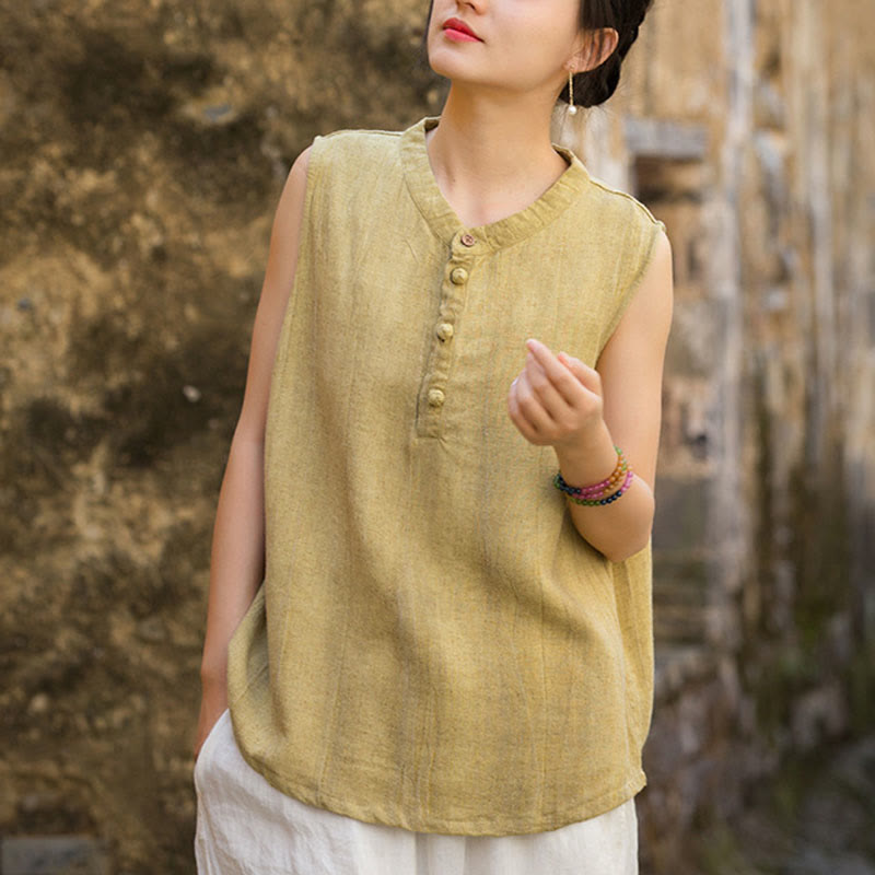 Buddha Stones Summer Tie-dye Buttons Linen Sleeveless Women's Vest