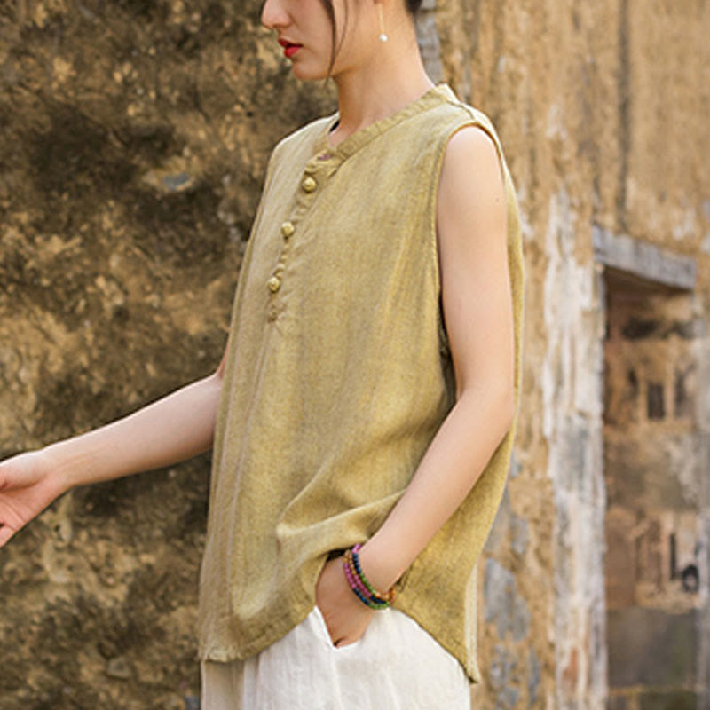 Buddha Stones Summer Tie-dye Buttons Linen Sleeveless Women's Vest