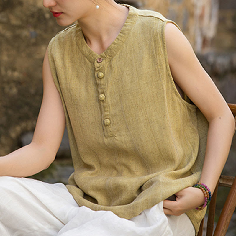 Buddha Stones Summer Tie-dye Buttons Linen Sleeveless Women's Vest