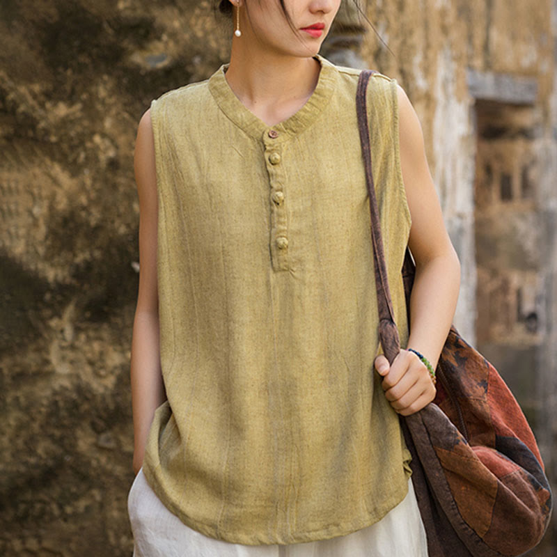 Buddha Stones Summer Tie-dye Buttons Linen Sleeveless Women's Vest