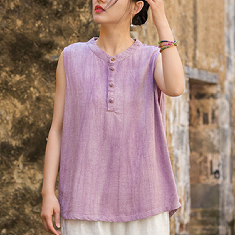Buddha Stones Summer Tie-dye Buttons Linen Sleeveless Women's Vest