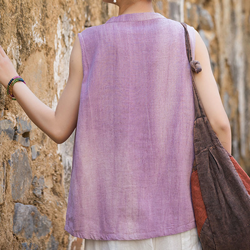 Buddha Stones Summer Tie-dye Buttons Linen Sleeveless Women's Vest