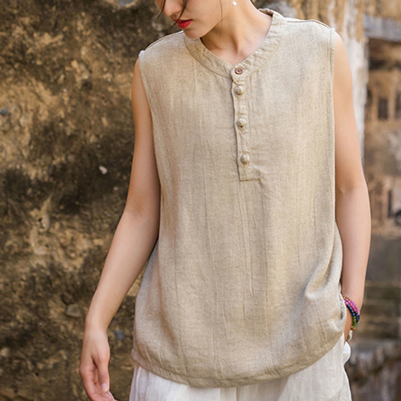 Buddha Stones Summer Tie-dye Buttons Linen Sleeveless Women's Vest