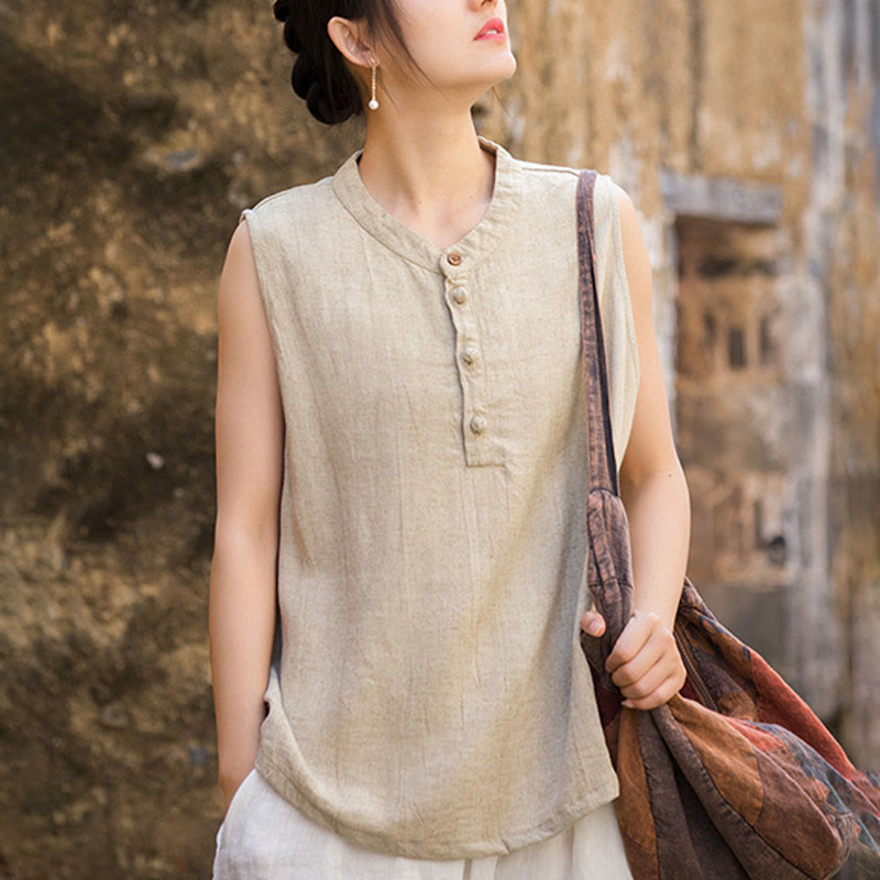 Buddha Stones Summer Tie-dye Buttons Linen Sleeveless Women's Vest