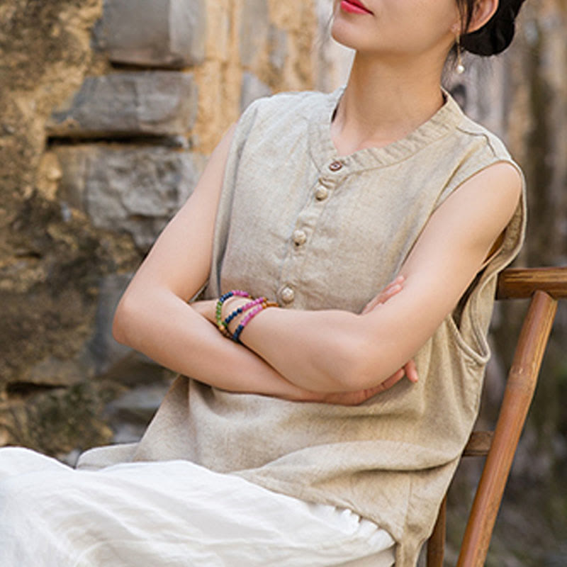 Buddha Stones Summer Tie-dye Buttons Linen Sleeveless Women's Vest