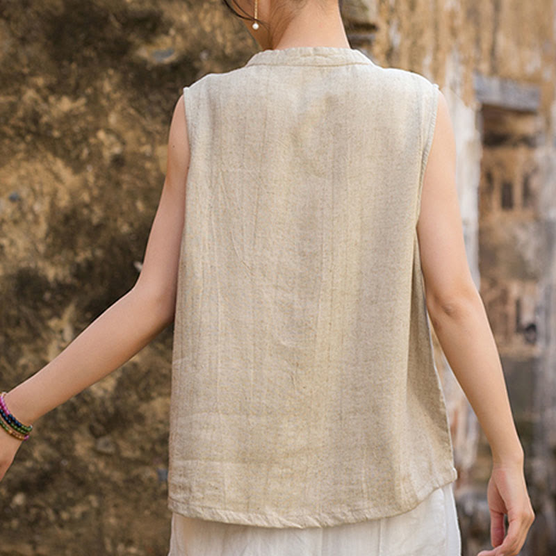 Buddha Stones Summer Tie-dye Buttons Linen Sleeveless Women's Vest