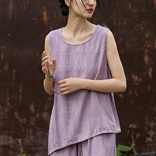 Buddha Stones Summer Tie-dye Linen Crew Neck Sleeveless Women's Vest