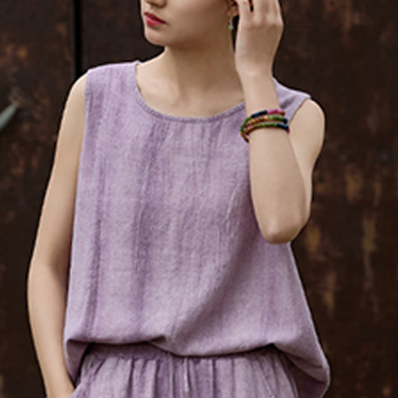 Buddha Stones Summer Tie-dye Linen Crew Neck Sleeveless Women's Vest